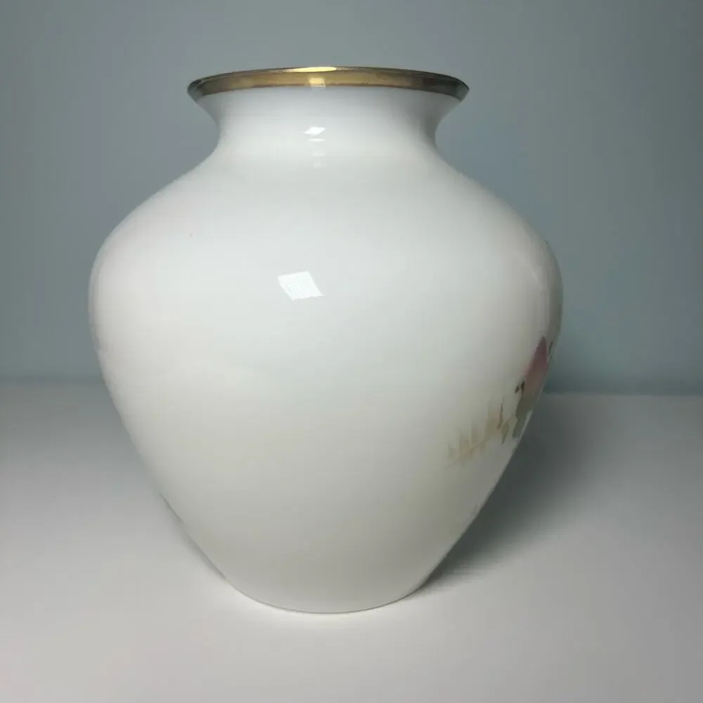 Vintage 40s DeLuxe Inc USA Signed Hand Painted Floral Vase Milk Glass